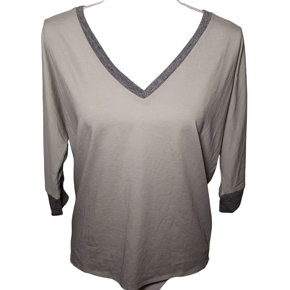 NEW CHASER Cool‎ Grey V-Neck 3/4 Sleeve Dolman Top XS Cotton Blend Boxy T-Shirt